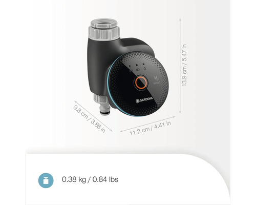 Gardena Smart Water Control met afmetingen en gewicht.