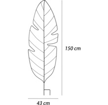 Afmetingen van een metalen plantensteun in bladvorm: 150 cm hoog en 43 cm breed