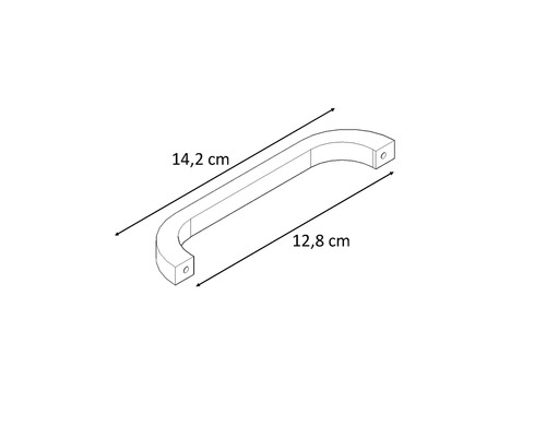 Tekening van een meubelgreep met de afmetingen 14,2 cm en 12,8 cm