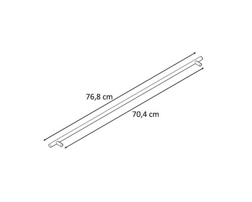 Schematische weergave van een douchestang met afmetingen van 76,8 cm en 70,4 cm.