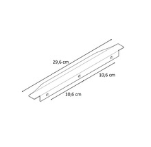 Technische tekening van een 29,6 centimeter lang en 10,6 centimeter breed metalen profiel
