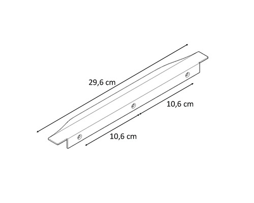 Technische tekening van een 29,6 centimeter lang en 10,6 centimeter breed metalen profiel