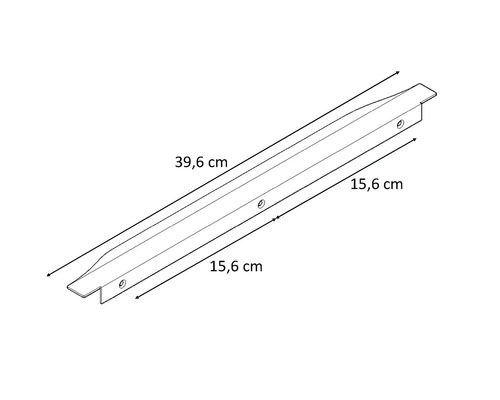 Tekening van een profiel van 39,6 centimeter lang met twee zijden van 15,6 centimeter lang