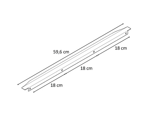 Tekening van een profiel van 59,6 cm lang met boringen en een lengte van 18 cm aan beide uiteinden.