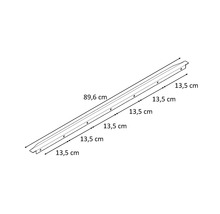 Montagerail met boorgaten en afmetingen 89,6 centimeter en 13,5 centimeter