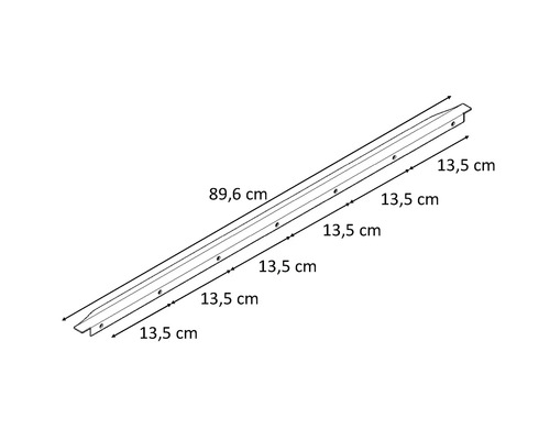 Montagerail met boorgaten en afmetingen 89,6 centimeter en 13,5 centimeter