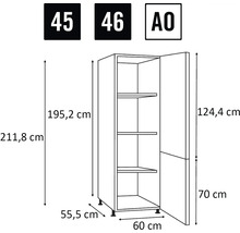 Technische tekening van een keukenkast met afmetingen
