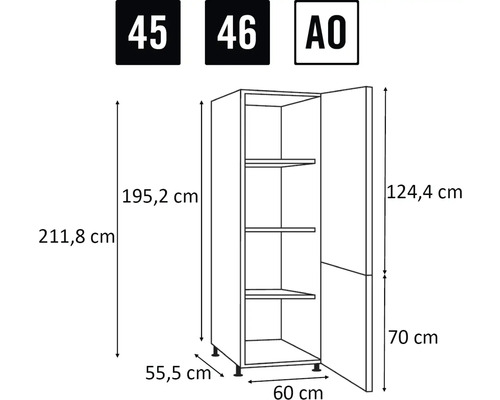 Technische tekening van een keukenkast met afmetingen
