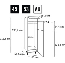 Technische tekening van een keukenkast met afmetingen