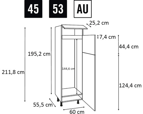 Technische tekening van een keukenkast met afmetingen