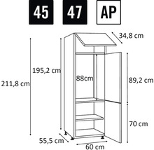 Technische tekening van een keukenkast met afmetingen