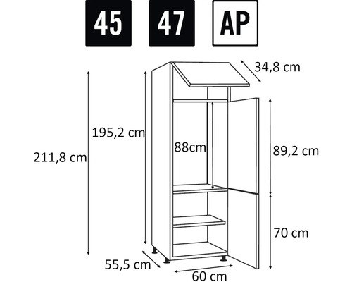 Technische tekening van een keukenkast met afmetingen