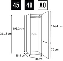 Afmetingen van een kledingkast weergegeven als een lijntekening.