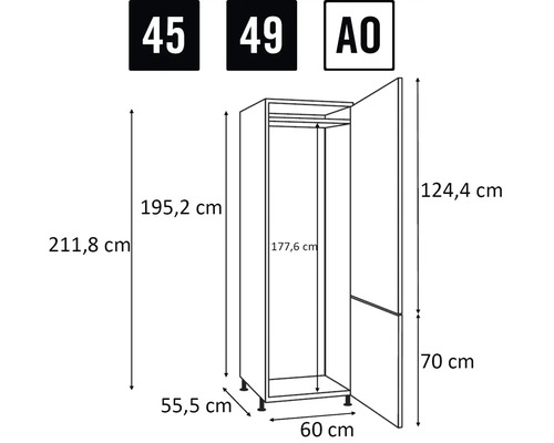 Afmetingen van een kledingkast weergegeven als een lijntekening.
