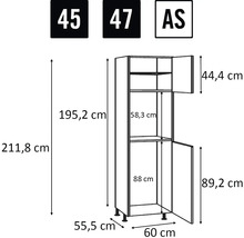Afbeelding van de afmetingen van een hoge kast