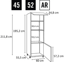 Maattekening van een keukenkast met hoogte-, breedte- en diepteafmetingen