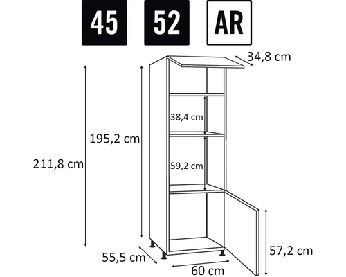 Maattekening van een keukenkast met hoogte-, breedte- en diepteafmetingen