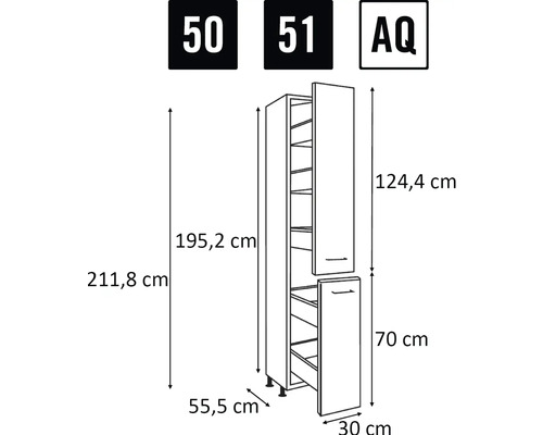 Technische tekening van een kast met afmetingen.