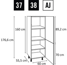 Technische tekening van een hoge kast met afmetingen