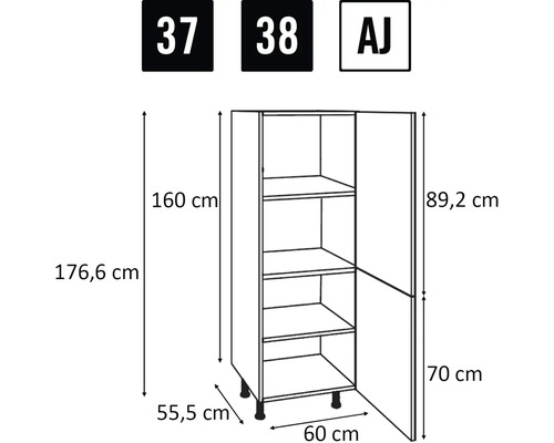 Technische tekening van een hoge kast met afmetingen