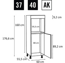 Technische tekening van een hoge kast met afmetingen