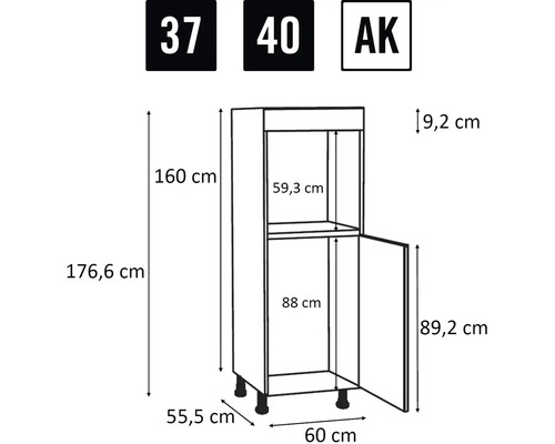 Technische tekening van een hoge kast met afmetingen