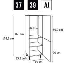 Technische tekening van een hoge keukenkast met afmetingen