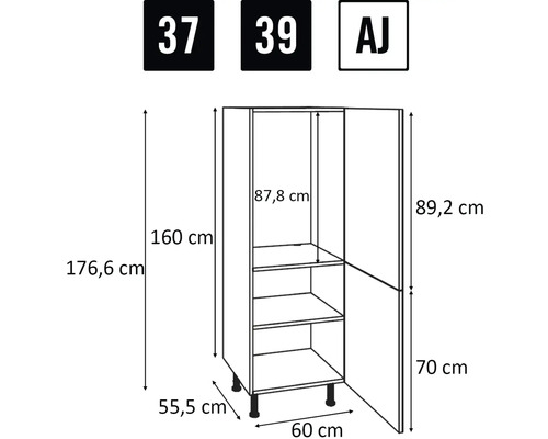 Technische tekening van een hoge keukenkast met afmetingen