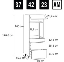 Technische tekening van een keukenkast met afmetingen
