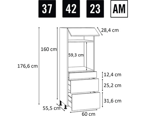 Technische tekening van een keukenkast met afmetingen