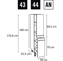 Technische tekening van een keukenkast met afmetingen