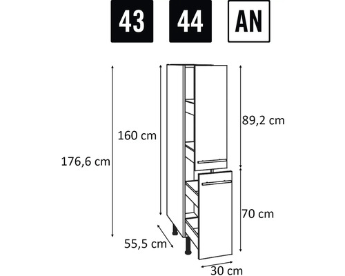 Technische tekening van een keukenkast met afmetingen