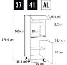 Technische tekening van een keukenkast met afmetingen