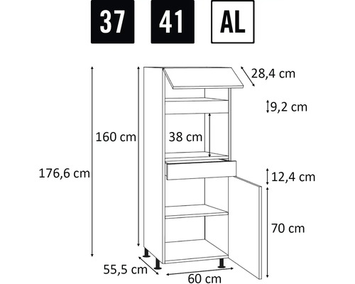 Technische tekening van een keukenkast met afmetingen