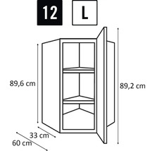 Technische tekening van een hoekhangkast met afmetingen.