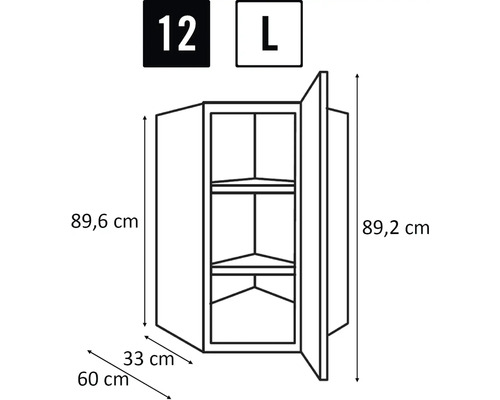 Technische tekening van een hoekhangkast met afmetingen.