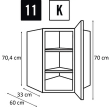 Schets van een hoekhangkast met afmetingen.