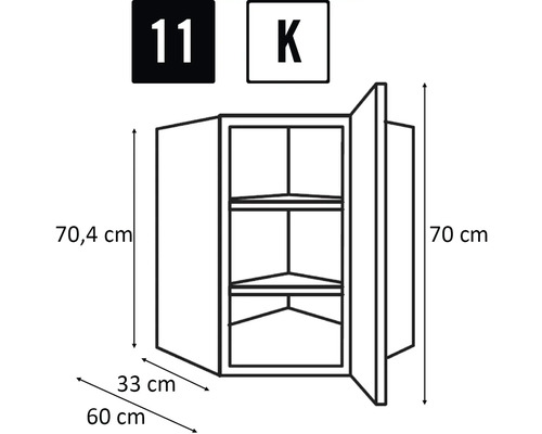 Schets van een hoekhangkast met afmetingen.