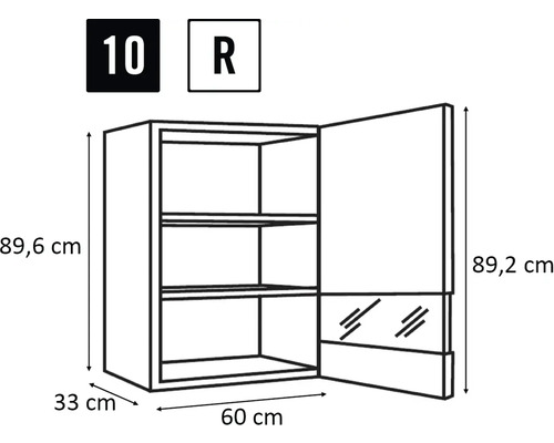 Tekening van een wandkast met de afmetingen 89,6 x 60 x 33 cm
