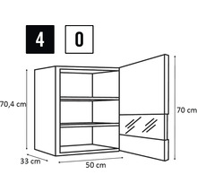 Technische tekening van een hangkast met de afmetingen 70,4 cm hoog, 33 cm diep en 50 cm breed