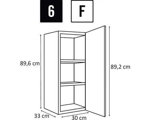 Technische tekening van een hangkast met de afmetingen 89,6 x 33 x 30 cm