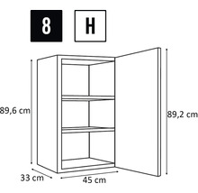 Schema van een bovenkast met de afmetingen 89,6 x 45 x 33 cm