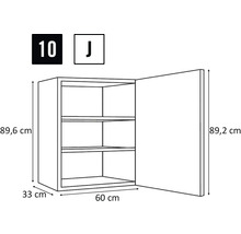 Tekening van een open wandkast met drie planken en maatvoering