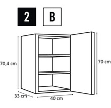Technische tekening van een hangkast met deur en interne planken, afmetingen zijn aangegeven