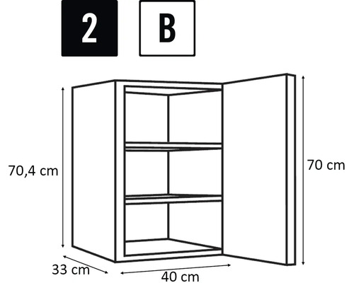 Technische tekening van een hangkast met deur en interne planken, afmetingen zijn aangegeven