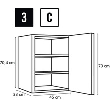 Tekening van een wandkast met drie planken en maatvoering