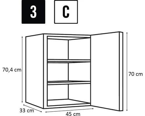 Tekening van een wandkast met drie planken en maatvoering