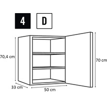 Schets van een hangkast met afmetingen 70,4 cm hoogte, 33 cm diepte en 50 cm breedte.