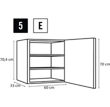 Technische tekening van een hangende keukenkast met drie planken en de afmetingen 70,4 cm hoogte, 33 cm diepte en 60 cm breedte.