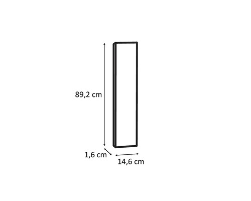 Afmetingen van een rechthoekige wandspiegel met een hoogte van 89,2 cm, een breedte van 14,6 cm en een diepte van 1,6 cm